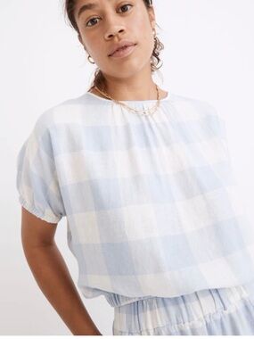 MADEWELL Linen-Blend Michele Bubble Top in Gingham Check Cropped Fit  Sz XL
